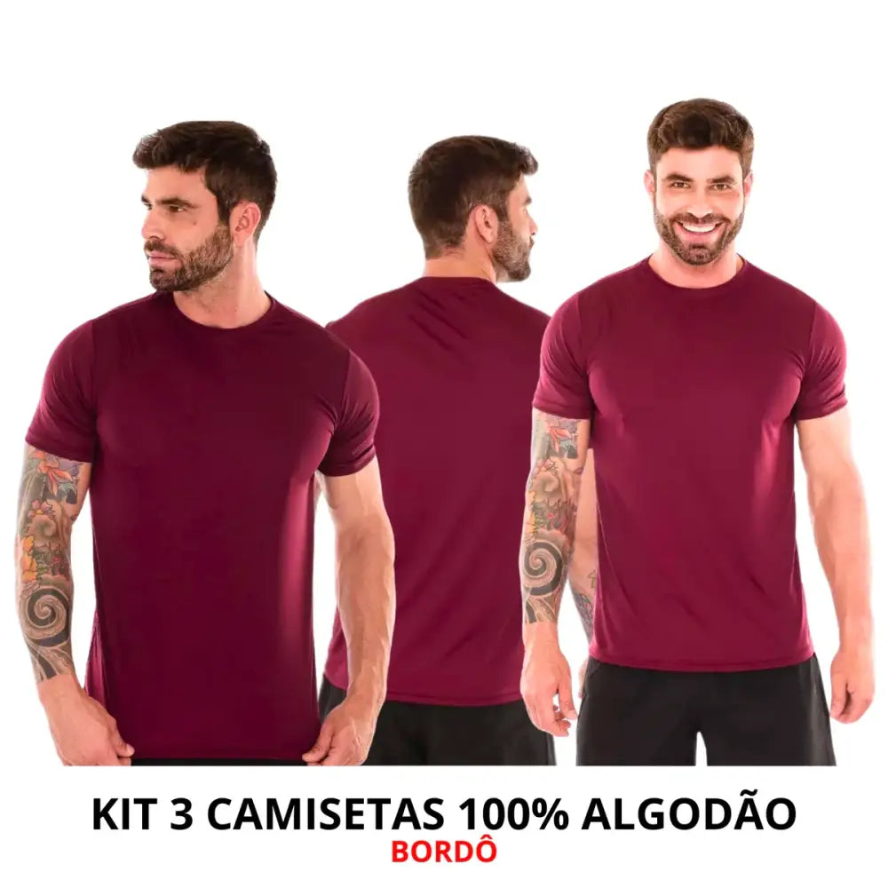 Três camisetas burgundy com corte moderno e toque suave, frete grátis