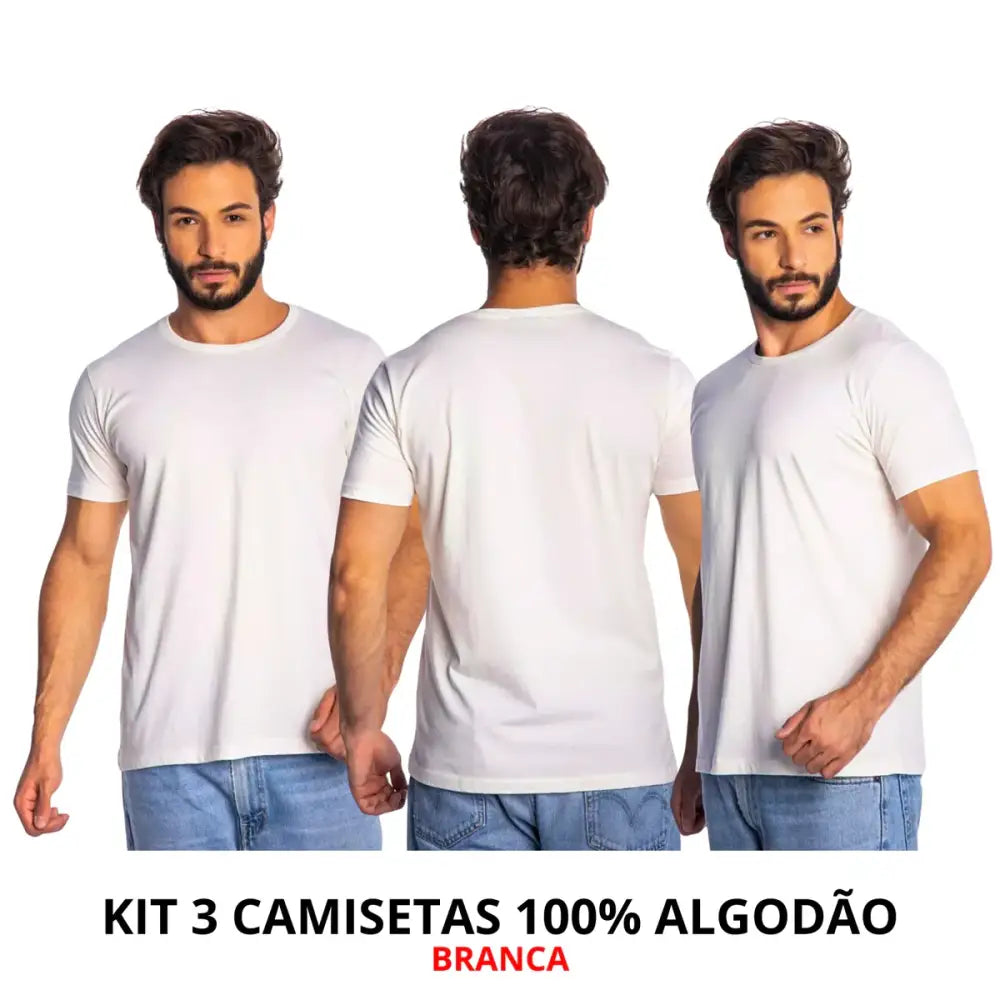 Imagem de três camisetas de algodão brancas com corte moderno e toque suave, frete grátis
