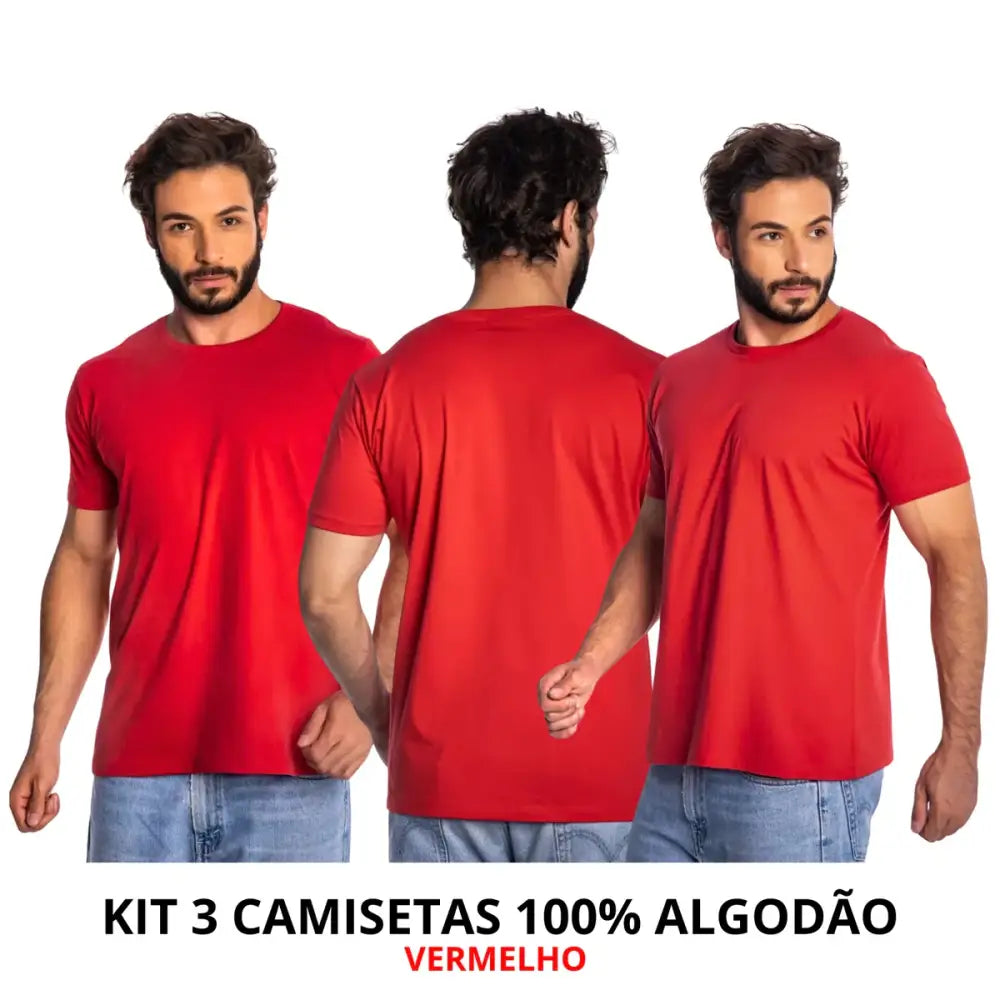 Imagem de três camisetas vermelhas de algodão com corte moderno, toque suave e frete grátis