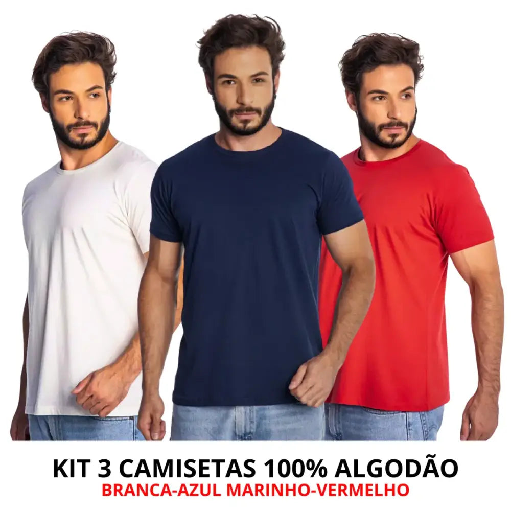 Imagem de três homens usando camisetas lisas com corte moderno e toque suave. Frete grátis