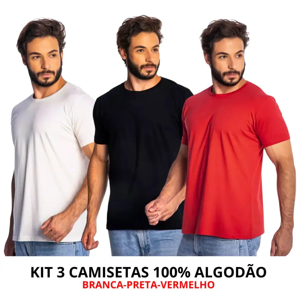 Imagem de três camisetas de algodão com corte moderno, toque suave e frete grátis