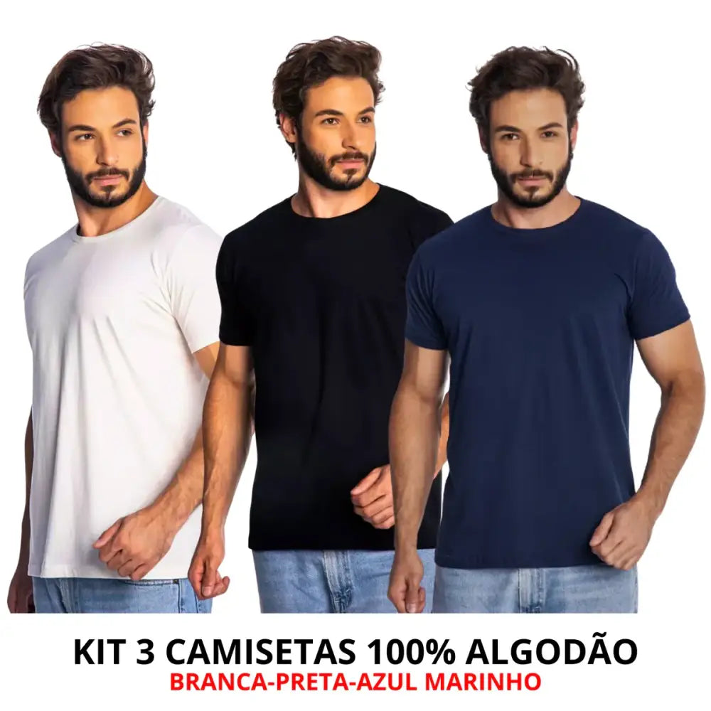 Imagem de três camisetas masculinas de algodão com corte moderno e toque suave, frete grátis