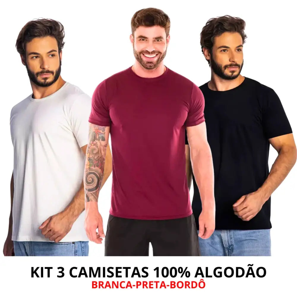 Imagem de três homens usando camisetas de corte moderno com toque suave e frete grátis