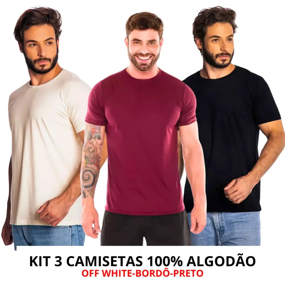 Imagem de três camisetas de algodão com corte moderno, toque suave e frete grátis