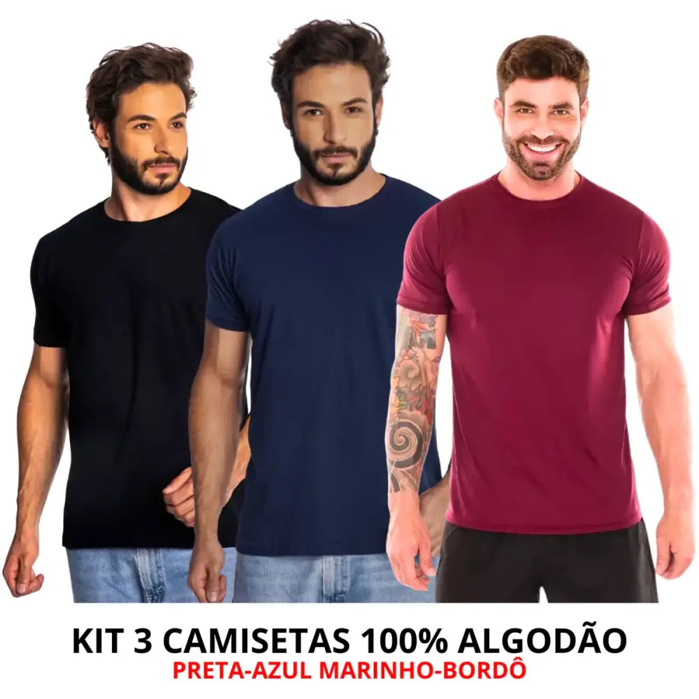 Imagem de três camisetas de algodão com corte moderno e toque suave, frete grátis