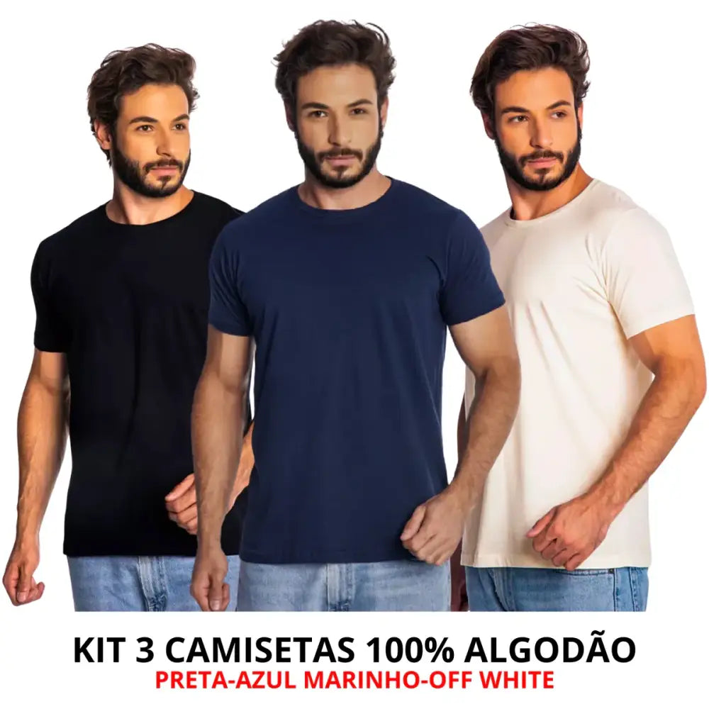 Imagem de três camisetas masculinas de algodão com corte moderno e toque suave, frete grátis