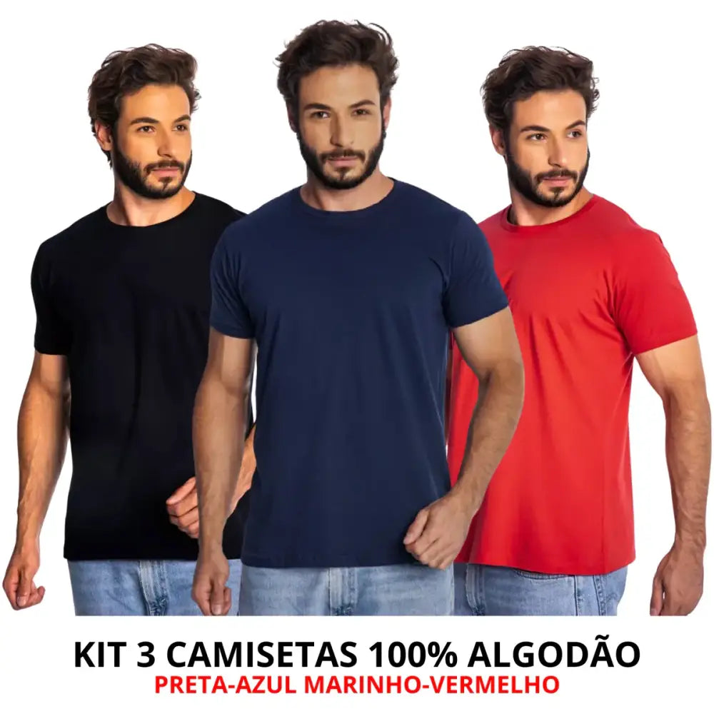 Imagem de três homens com camisetas lisas corte moderno, toque suave e frete grátis
