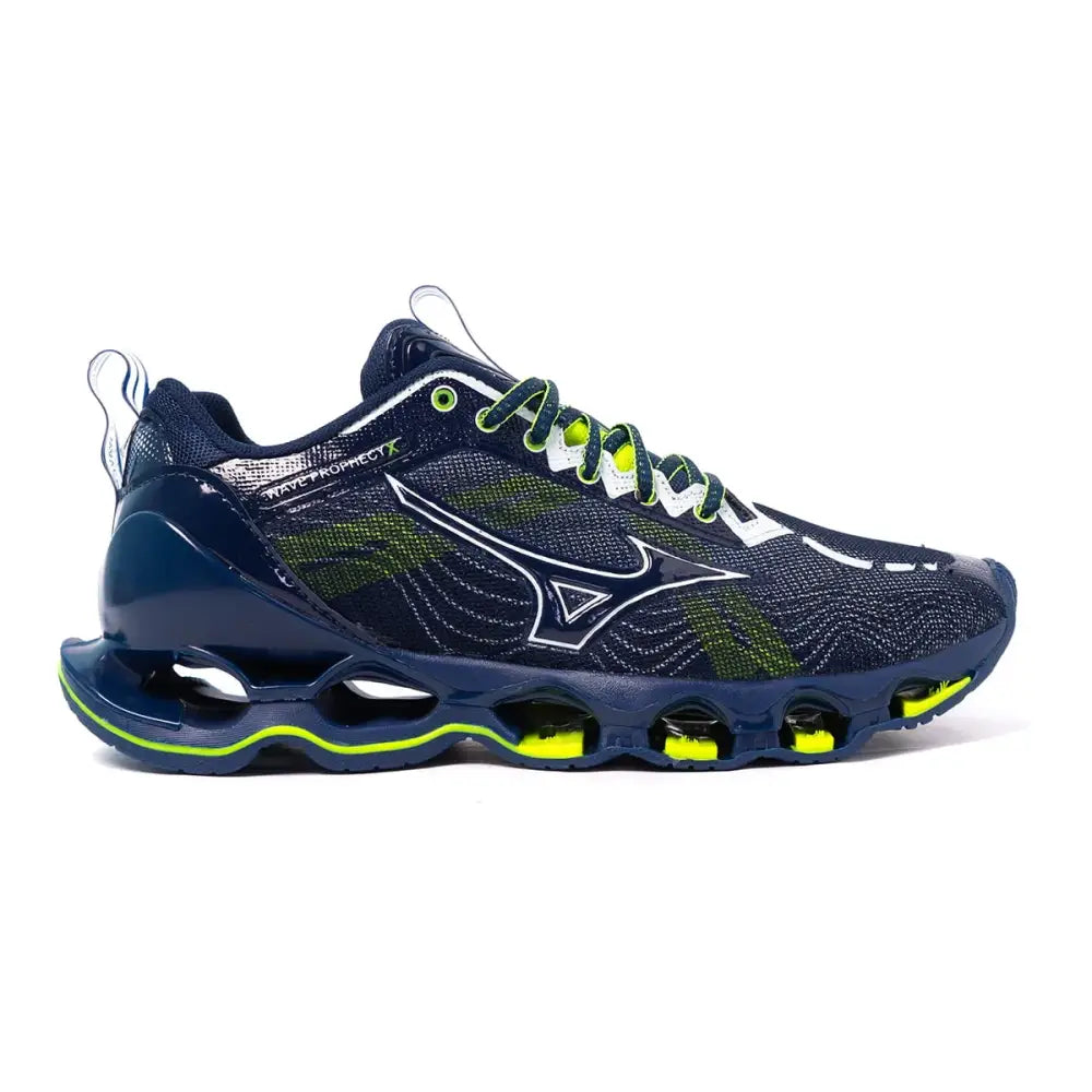 Imagem de Tênis de Corrida Mizuno Wave Prophecy com detalhes em navy e neon