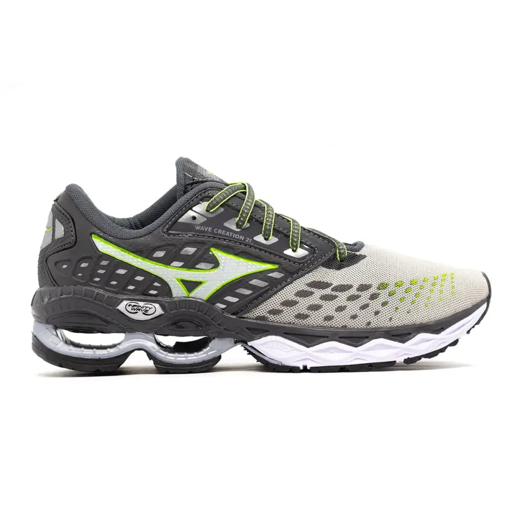 Sapatilha de corrida cinza e branca Tênis Mizuno Wave Creation 21 Equilíbrio e Energia