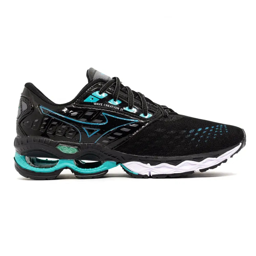Imagem de tênis Mizuno Wave Creation 21 equilíbrio e energia em preto e turquesa