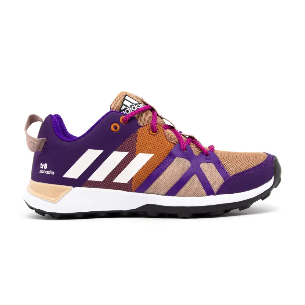 Sapatilha trail adidas Kanadia TR8 feminina com detalhes em roxo e bege