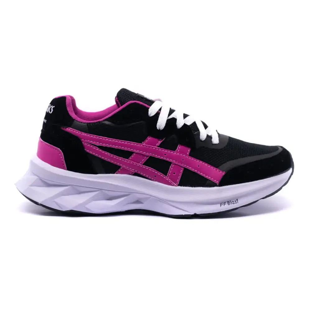 Imagem de tênis feminino Asics Blast na cor preta e rosa, desempenho e conforto