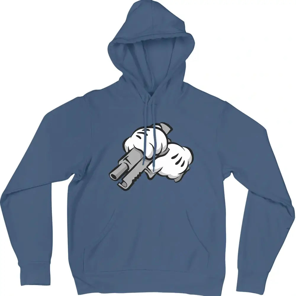 Imagem de blusa moletom gloves com capuz azul e desenhos de mãos segurando armas