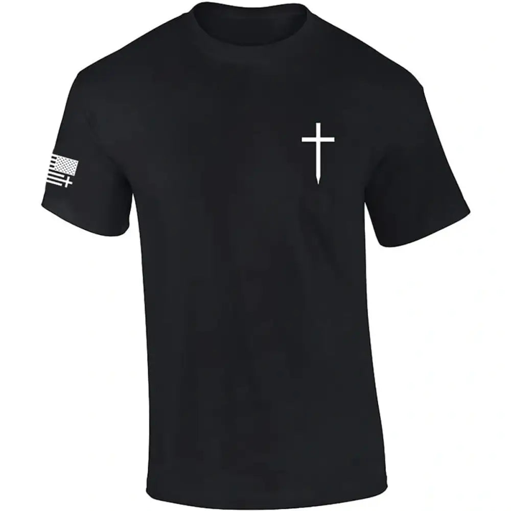 Camisa Faith Cross com cruz e bandeira, estilo elegante e fé verdadeiro