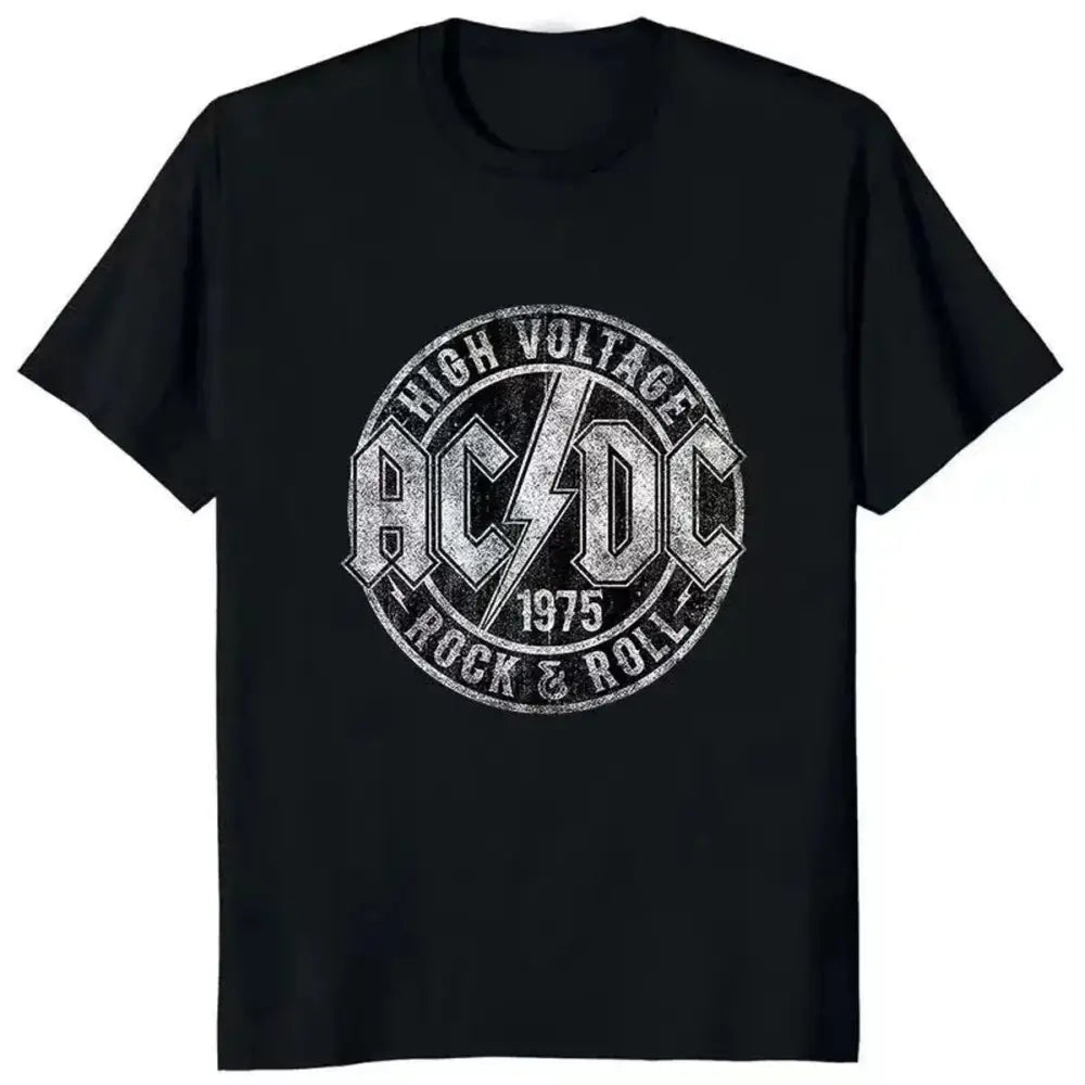 Camisa High Voltage 1975 Rock com estampa preta do AC/DC, camisa high voltage