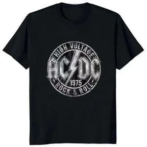 Camisa High Voltage 1975 Rock com estampa preta do AC/DC, camisa high voltage
