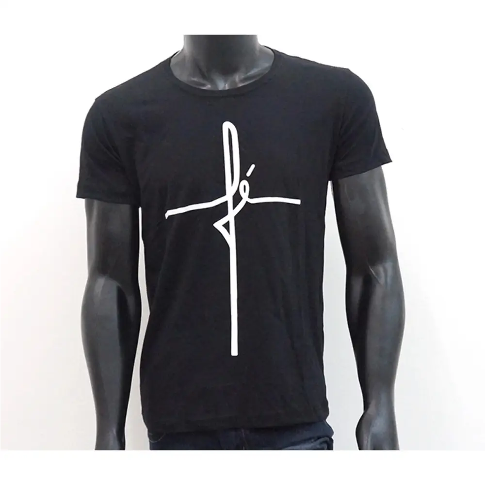 Camisa masculina preta com design branco Fé cross, algodão penteado fio, estilo casual