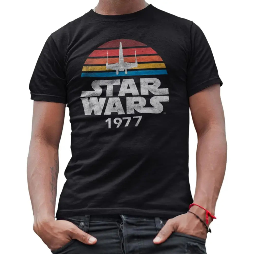 Camisa Star Wars preta algodão premium da trilogia original 1977