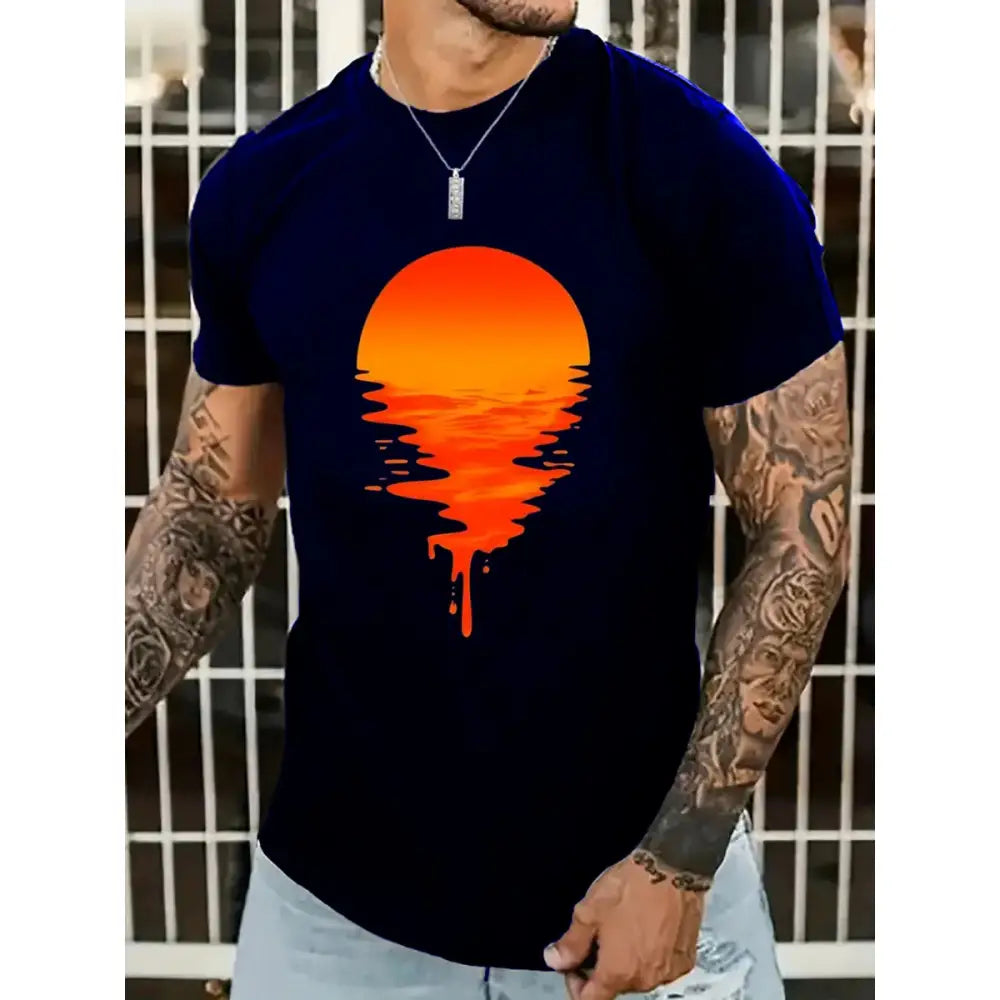 Camisa Sunset Sol Deslumbrante com estampa de pôr do sol e camiseta navy elegante
