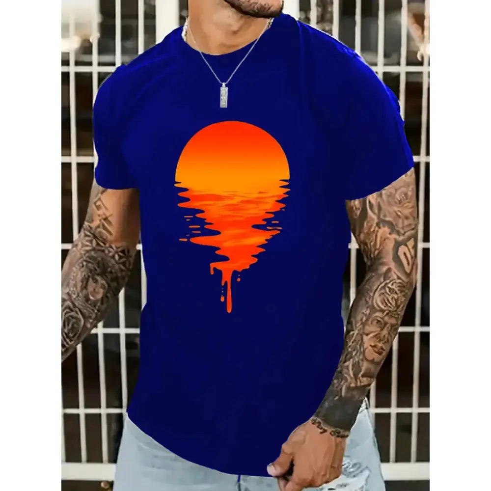 Camisa Sunset Sol Deslumbrante com gráfico de pôr do sol azul elegante