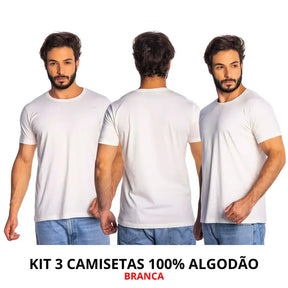 Imagem de três camisetas de algodão brancas com corte moderno e toque suave, frete grátis