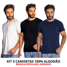 Imagem de três camisetas masculinas de algodão com corte moderno e toque suave, frete grátis