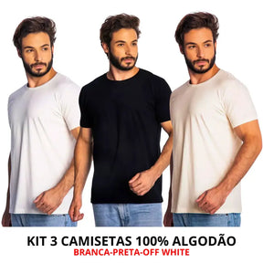Três camisetas de algodão com corte moderno, toque suave e frete grátis