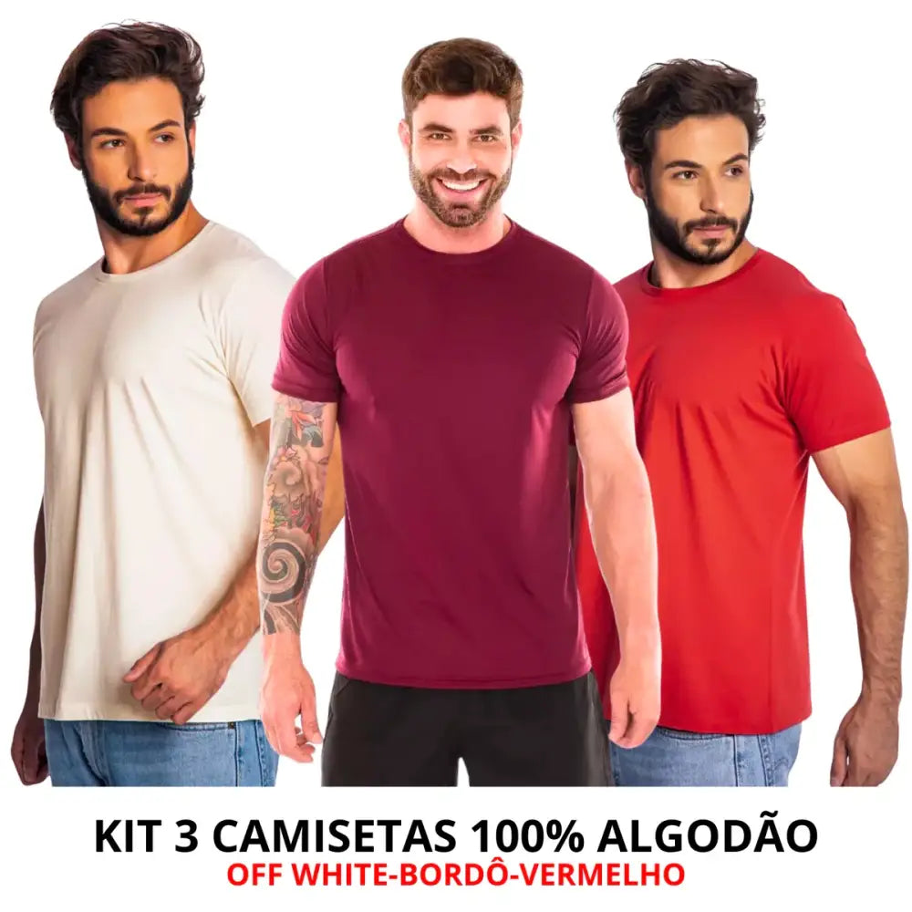 Três homens usando camisetas de algodão com corte moderno, toque suave e frete grátis