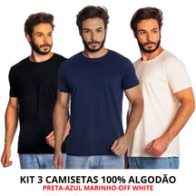 Imagem de três camisetas masculinas de algodão com corte moderno e toque suave, frete grátis