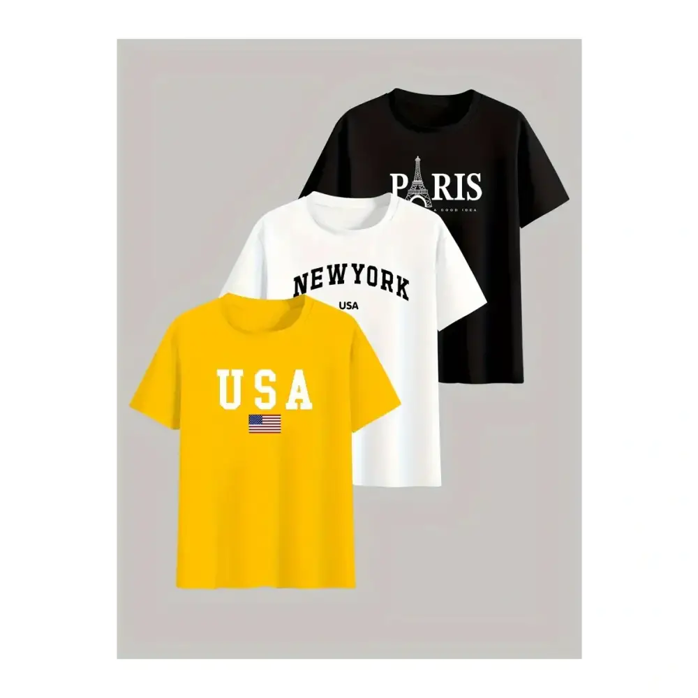 Imagem de três camisetas masculinas em algodão premium com malha penteada estampada