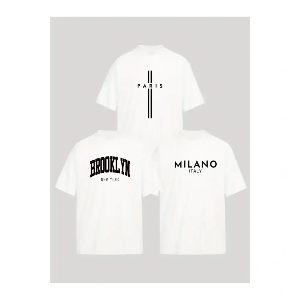 Imagem de três camisetas masculinas de algodão premium com nomes de cidades