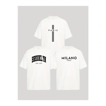 Imagem de três camisetas masculinas de algodão premium com nomes de cidades