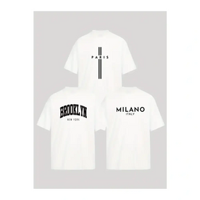 Imagem de três camisetas masculinas de algodão premium com nomes de cidades