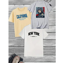 Imagem de três camisetas masculinas em algodão premium com malha penteada estampadas