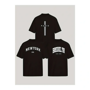 Imagem de três camisetas masculinas de algodão premium na malha penteada estampadas