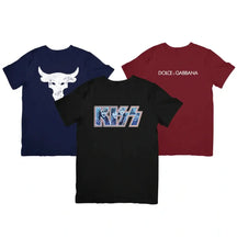 Imagem de três camisetas masculinas em algodão premium com malha penteada fio