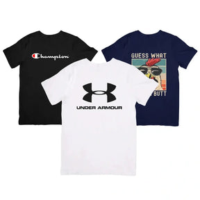Imagem de três camisetas masculinas de algodão premium na malha penteada fio