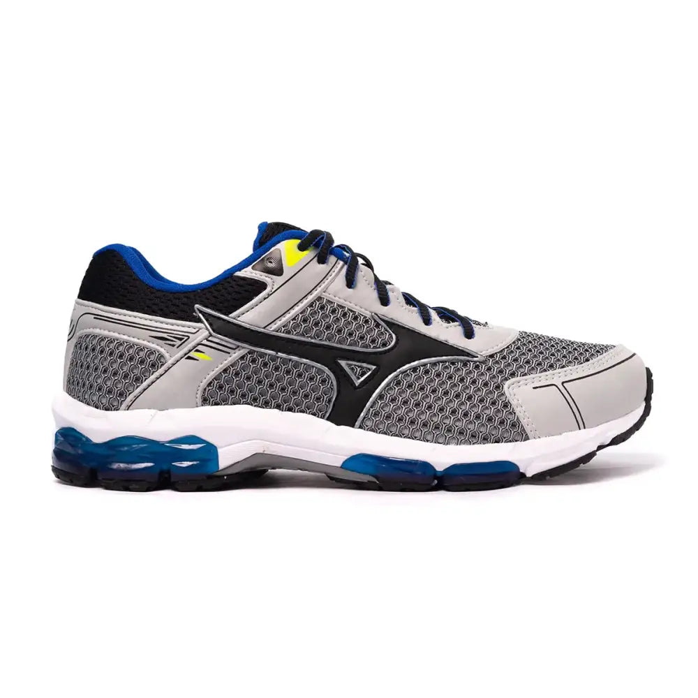 Imagem de tênis Mizuno Jet para corrida e academia, cinza e preto com detalhes azuis