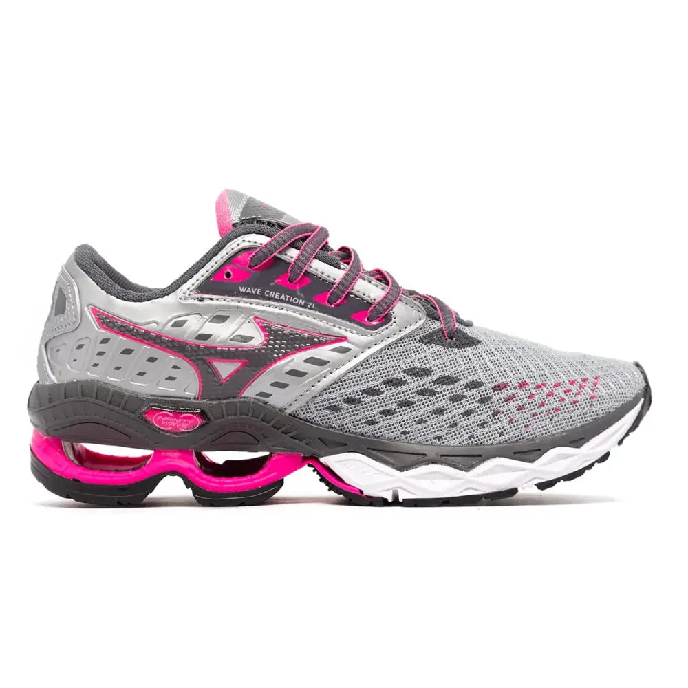 Tênis feminino Mizuno Wave Creation 21 em cinza e pink, ideal para corrida