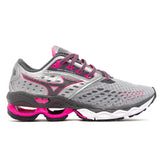Tênis feminino Mizuno Wave Creation 21 em cinza e pink, ideal para corrida