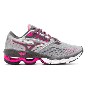 Tênis feminino Mizuno Wave Creation 21 em cinza e pink, ideal para corrida