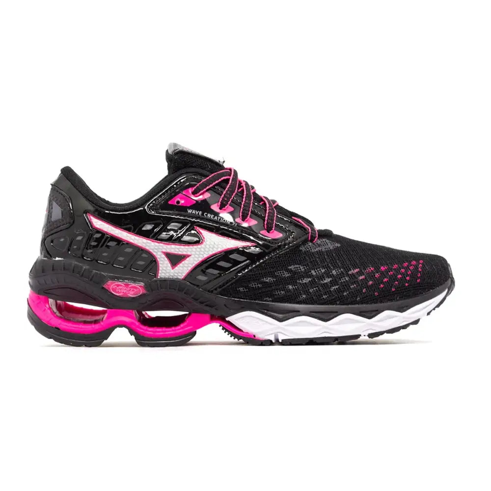 Sapatilha feminina Mizuno Wave Creation 21 preta e rosa para corrida