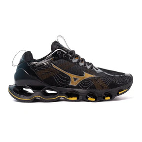 Imagem de tênis Mizuno Wave Prophecy X preto e dourado para corrida de alta performance