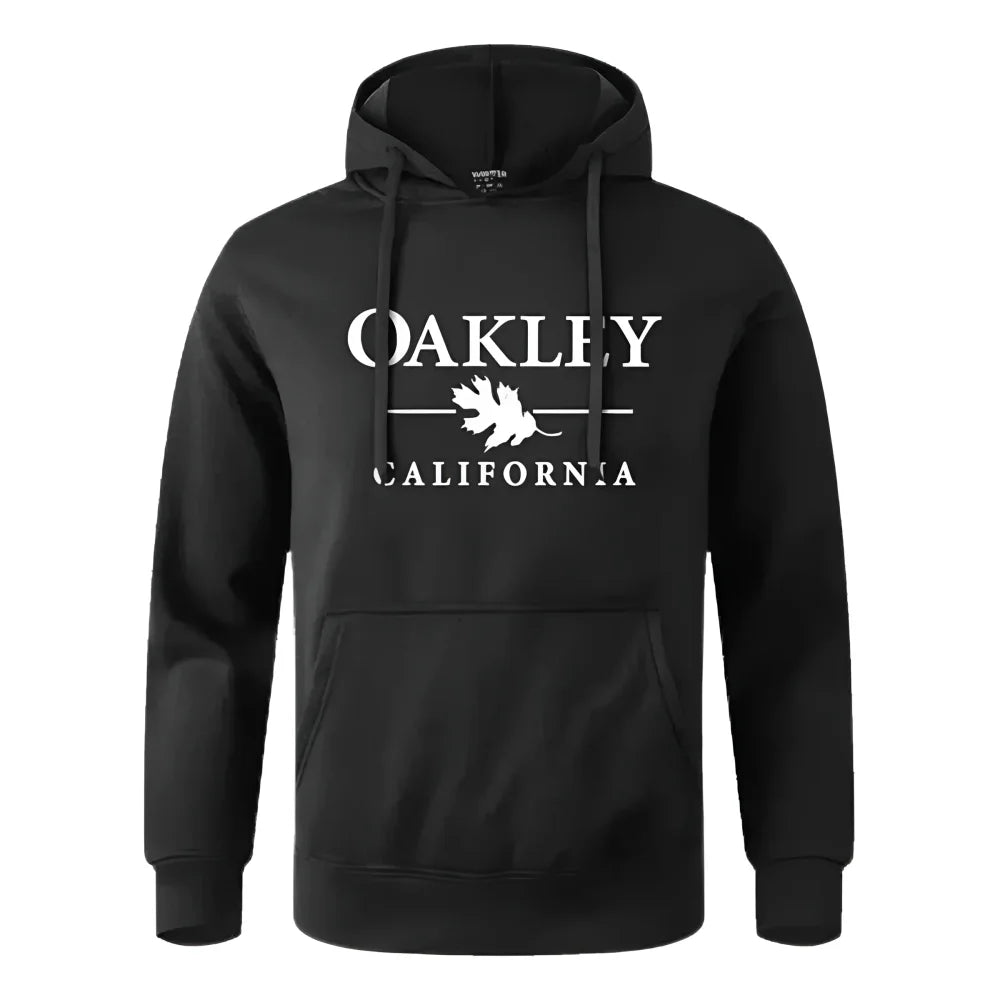 Imagem de blusa moletom Oakley Califórnia com texto preto, estilo e conforto