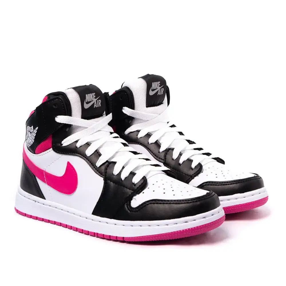 Imagem de tênis feminino Nike Air com cores preto, branco e rosa, estilo Air Jordan